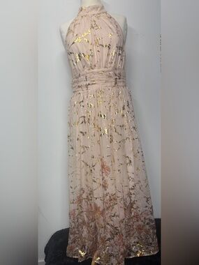 ANEWSTA Floral Gold Foil Halter Maxi Dress NWT US 6 Wedding Guest Prom